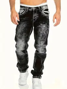 Men's New Fashion Denim Jeans, Snowflake Washed Casual Elastic Back Pocket Embroidered Straight Leg Jeans, Trendy Stylish Male Clothing