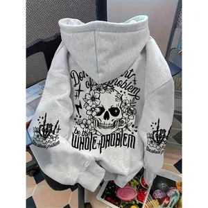 Women'sCasualPolyesterHoodiewithGeometricSkullPrint,Loose-FittingKnitFabric,HoodedSweatshirtwithPocketDetailforFallWinter