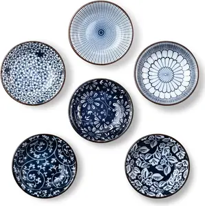 Dipping Bowls, Soy Sauce Dish Ceramic, 3 OZ Small Serving Bowls for Side Dishes Vintage Blue Stylish Design, Set of 6 Mini Appetizer Plates for Condiment Sushi Ketchup BBQ Party, 4 Inch