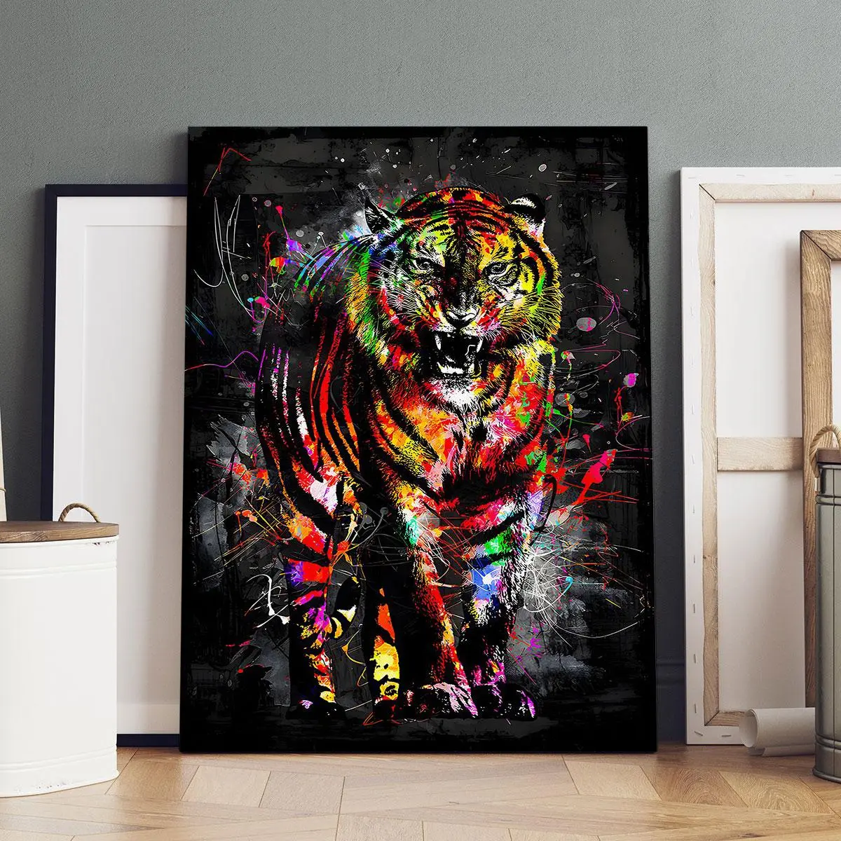 Wooden Framed Canvas Painting, Colorful Tiger Pattern Art Poster, Modern Art, Modern Cool Design, Fashion Decoration, Living Room Bedroom Decoration, Office Mural, Ornaments