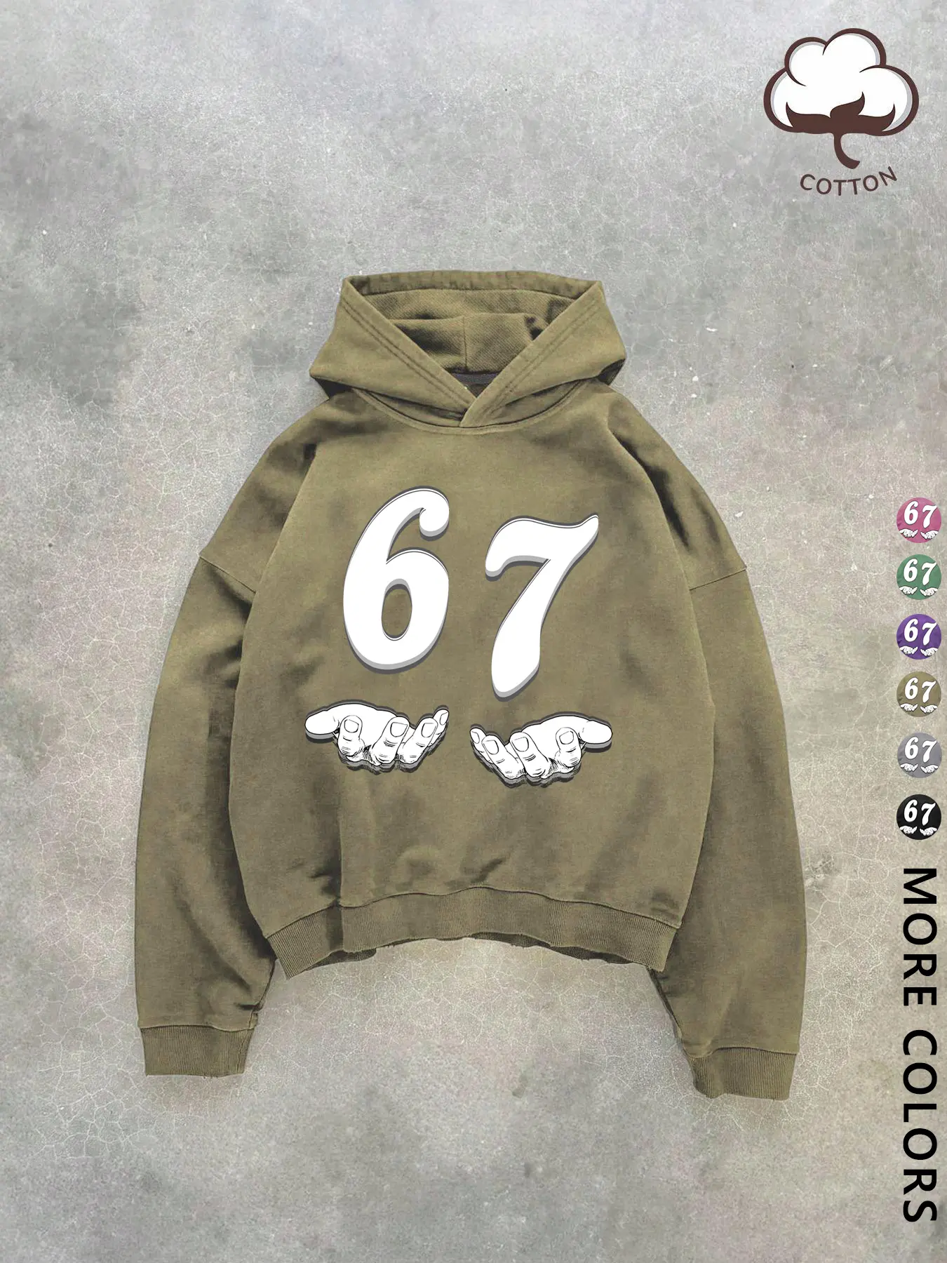 Unisex Y2K Style Fun Pop Elements 67 numbers Print Washed Cotton Hoodie, Long Sleeve, Casual Daily Wear, Schoolwear, Travel, Fall & Winter