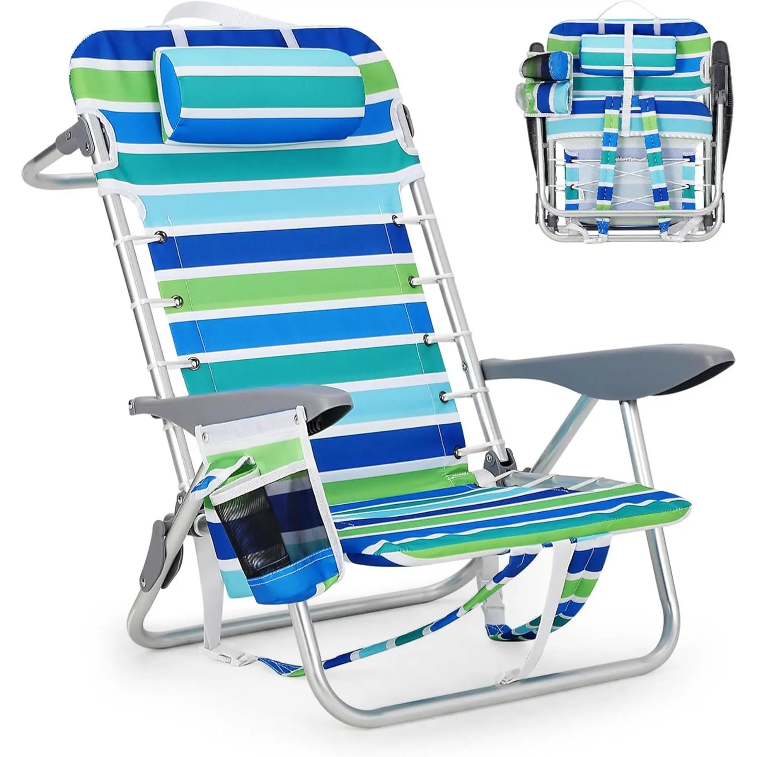 Backpack Beach Chair for Adults, Lightweight Portable Lay Flat Folding Beach Chair with 5 Reclining Positions, Backpack Straps, Phone Pocket, Cup Holder & Towel Bar