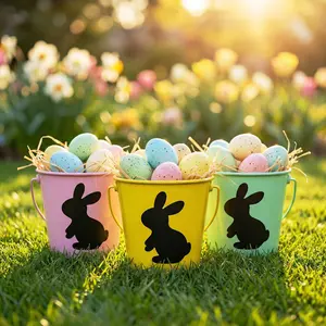 Colorful Easter Bunny Tin Candy Bucket – Kids Metal Easter Basket with Handle, Portable Rabbit Treat Pail for Candy, Eggs and Party Favors, Cute Easter Egg Hunt Bucket for Holiday Gifts