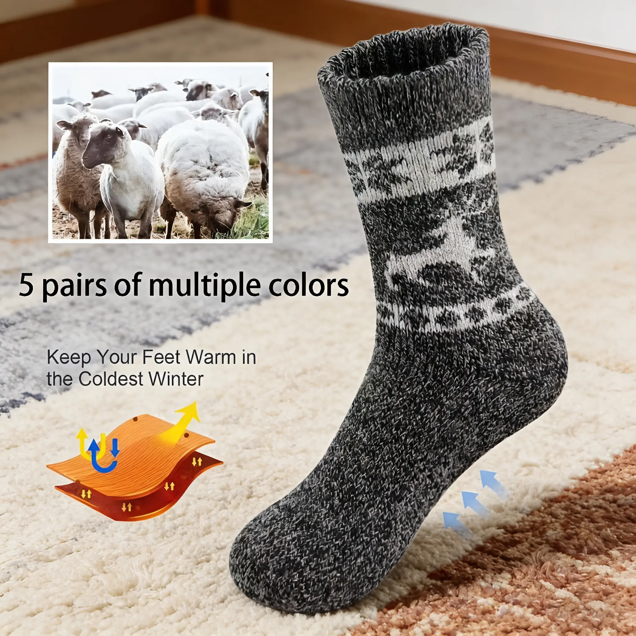 5 pairs of winter snowflake unisex socks, fleece-lined, thick terry cloth, chunky knit, double deer mid-calf super thick socks with a small flame design.