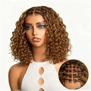 Flash Sales Ombre Brown Highlight Boho Braids Deep Curly Glueless 5x5 Closure Lace Short Curly Wig 100% Human Hair Pre-Cut Lace
