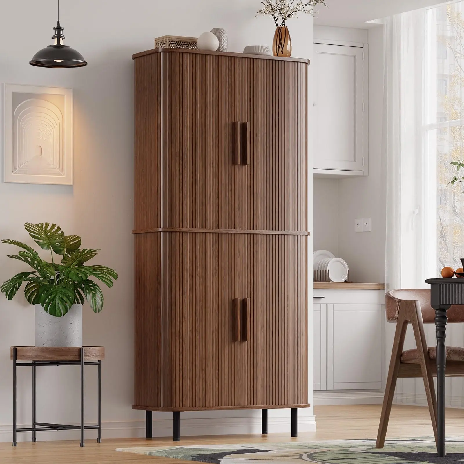 【SummerFinds】ONBRILL Freestanding Wood Cupboard - 15.6"d x 31.5"w x 71"h Tall Sturdy Modern Wardrobe Storage Cabinet with Sliding Door, 2 Pegboards, 4 Hooks, Adjustable Shelves, 89.3 lbs (Above 25 kg) for Kitchen, Dining Room, Storage Organization