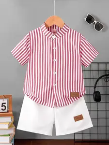 Boys' Summer New Set, Casual Stand Collar Button Shirt Short Sleeve with Lightweight Breathable Shorts, Striped Letter Patch
