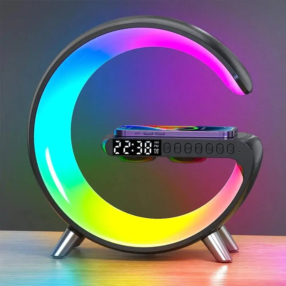 N69 Wireless Speaker Desk Light with Charger, Smart Alarm Clock Wake-up Lamp, BT Audio Speaker with 15W Fast Charger for Smartphone for Bedroom Decor