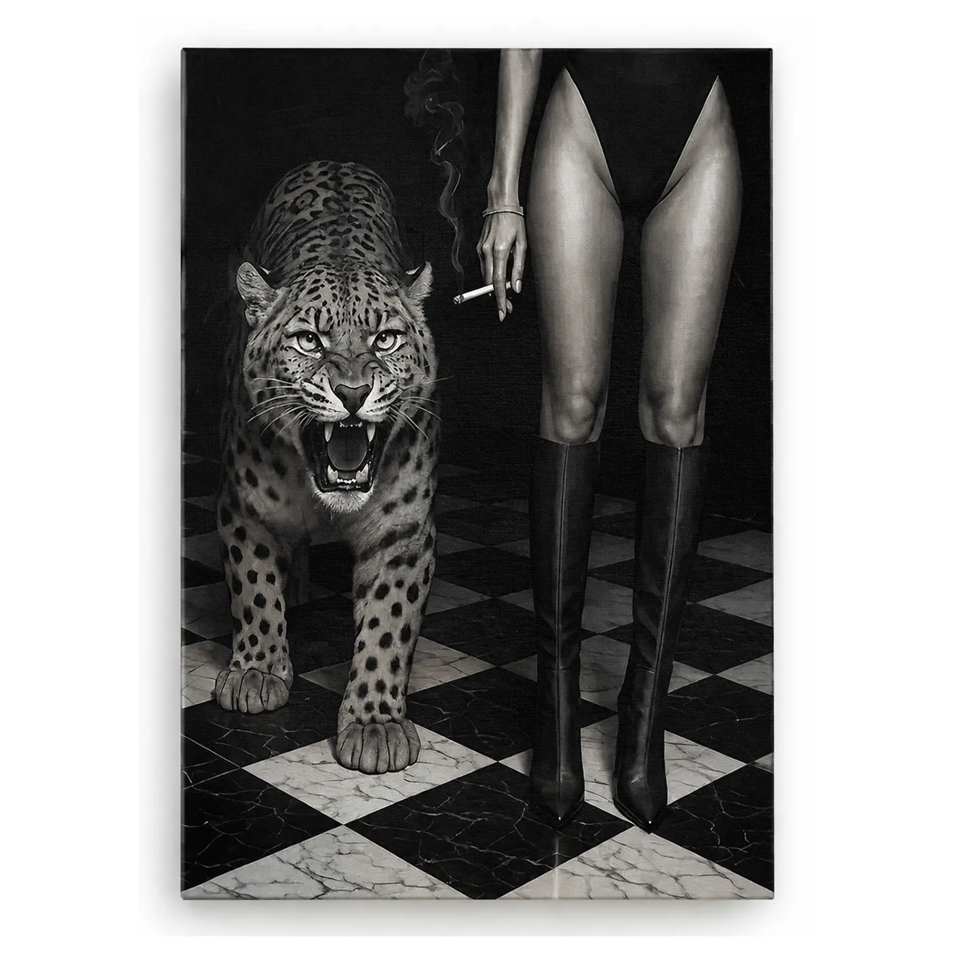 Black And White Leopard Poster Trendy Women Boots Canvas Wall Art Bold Glam Fashion Photography Artwork Aesthetic Prints Painting For Living Room Bedroom Office Wall Decor 12x18in Unframed