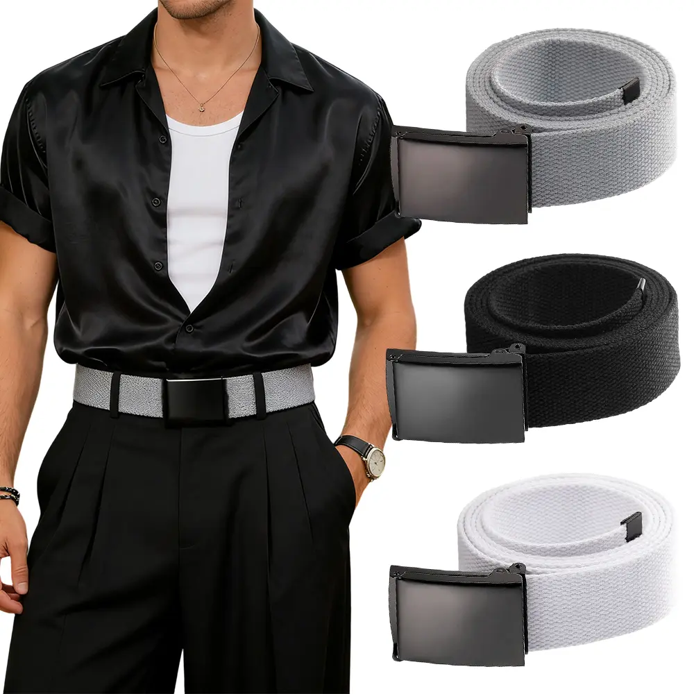 Pack of 3 Casual Work Belts for Men, Holeless Fully Adjustable, Canvas Web Cloth Fabric Belts, Black Dress Everyday Work Belt Without Holes