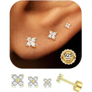MILACOLATO 3 Pairs 925 Sterling Silver Earrings for Women Plated Gold Flat Back Earrings Small CZ Dot Star Heart Plated Gold Studs Earring Stack Hypoallergenic Cartilage Earring Sets for Multiple Piercings