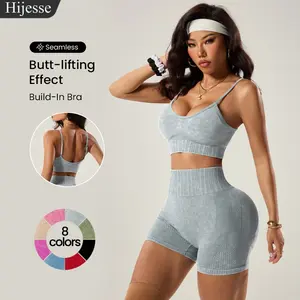 Hijesse seamless sports bra shorts suit high-elastic yoga fitness clothes breathable knitted hip-lifting women's fitness clothes, comfortable and breathable fabrics. Suitable for Spring & Summer Wear