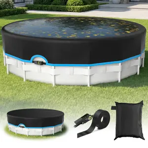 Round above-ground pool cover for shading pool equipment and protecting heaters, equipped with heavy-duty mechanical buckles and straps for secure fastening, solar waterproof design, keeps out debris to maintain clear water, rainproof and durable cover.