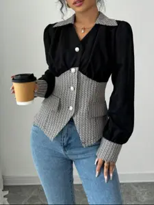 Women's Elegant Casual Chic Fitted Fashion Colorblock Patchwork Faux Pocket V-Neck Long Sleeve Blouse Shirt Button Down Shirt, Stylish and Comfortable Daily Wear, Casual Collared