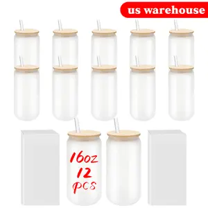 8Pcs Sublimation Blanks 16oz Glass Can With Bamboo Lids And Plastic Straws, Portable Washable Mug White Box Package Bottle Drinkware Reusable Tumbler Bottled Cup