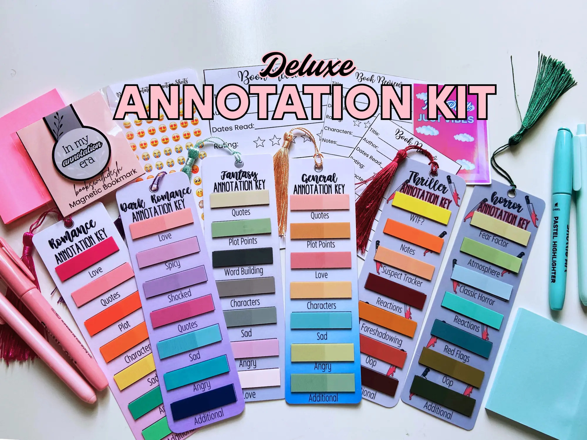 Deluxe Book Annotation Kit with Tabs, Highlighters & Bookmarks | For Romance, Fantasy, and Thriller Readers