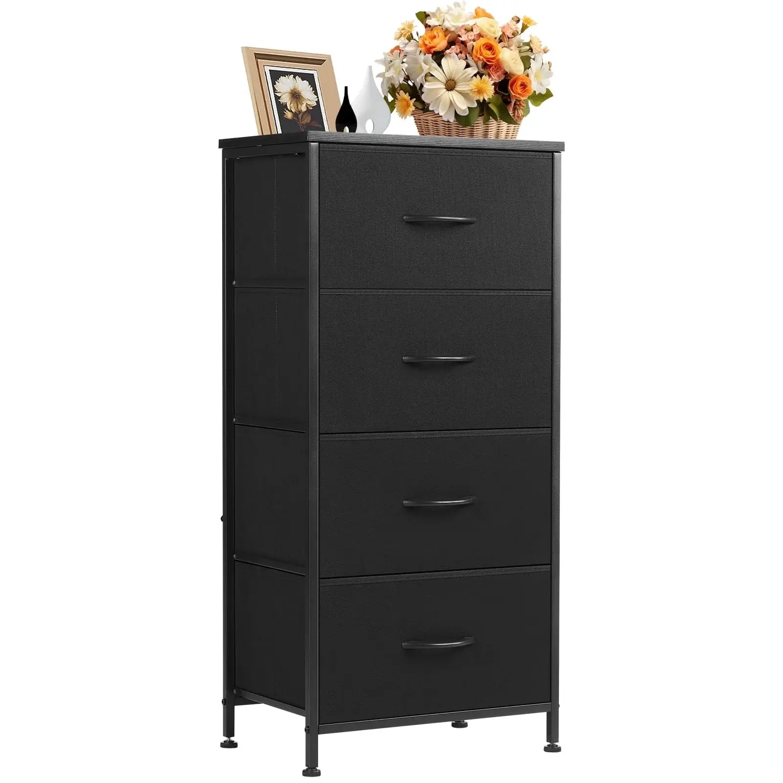 4 Drawer Dresser, Wide Chest Drawers Nightstand Storage Tower Storage Fabric Dresser With Wood Top for Living Room, Bedroom, Closet Storage Dressers Drawers Organization