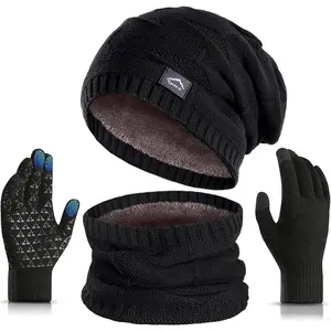 Winter Beanie Hat Scarf Touchscreen Glove Set for Men Women Slouchy Knit Ski Cap Neck Warmer with Fleece Lined for Unisex