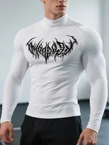 1-Pack Men’s White Quick Dry Compression Gym T-Shirt, High Neck Long Sleeve Performance Training Shirt with Cool Graphic Print, Moisture Wicking Stretch Athletic Top for Gym Workouts, Fitness Training, Running & All Season Active Wear