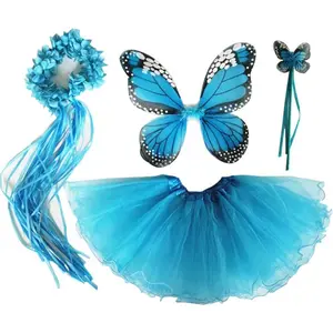 P-CPA010    4 PC Girls Fairy Wings Butterfly Costume Set with Wings, Tutu, Wand & Halo