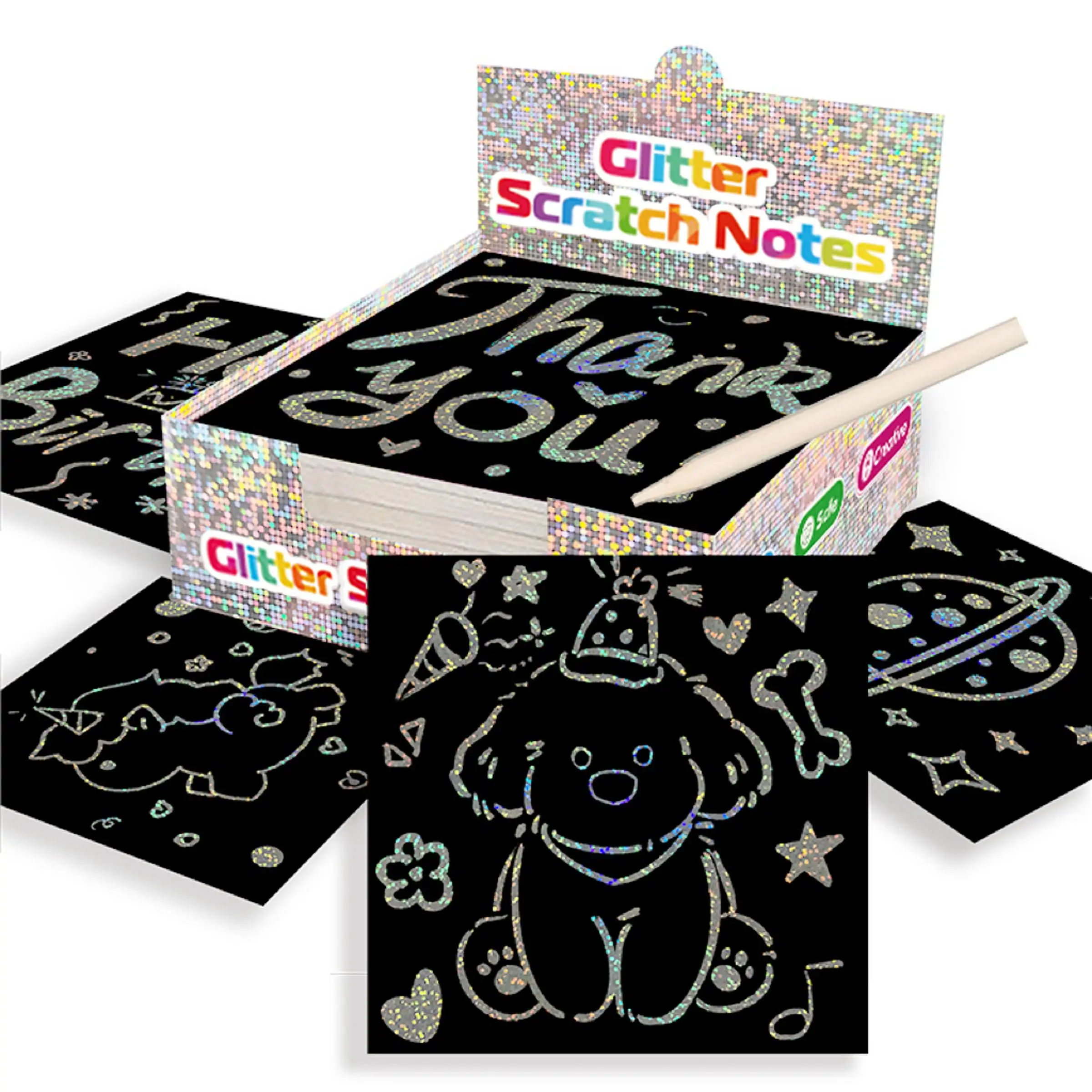 Glitter Scratch Art Paper Set, 1set Including 100pcs Magic Scratch Note Cards & 2 Counts Wooden Styluses & 1 Count Storage Box, Funny Art Crafts for B