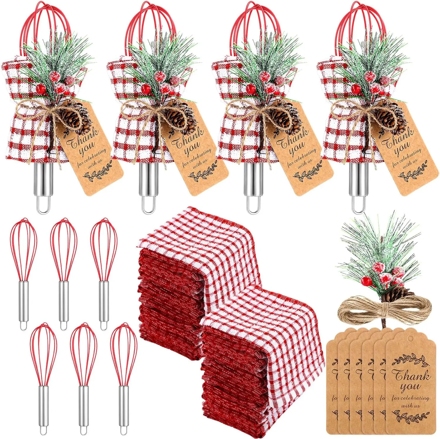 Summerwins 6/12-Set Colorful Classic Christmas Kitchen Whisk Bakeware Kit - 8 inch Stainless Steel Whisk, Greeting Card, Snowfall Pine Branch, Printed Cotton Yarn Rope, Plaid Towel (Steel & Cotton) for Christmas Parties, Neighbor Stocking Stuffer Gifts, X