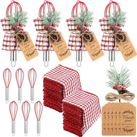 6/12 Sets Christmas Whisk Gift Set for Neighbors, Teachers, Coworkers- Stainless Steel Whisking Tools with Snowfall Pine Branches or Red Waffle Towels, DIY Stocking Stuffers, Office Cookie Exchange Gifts & Ladies Party Favors, Christmas Tree Ornaments
