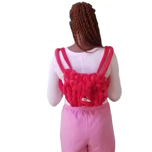 Retro Red Velvet Mini Backpack with White Handle, Red Fabric Design, Ideal for Everyday Use