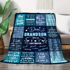 Grandson Gift Blanket - Charming Blue Printed Throw With Love Messages, 100% Polyester Flannel, All-Season Soft Warmth, Machine Washable, 250-300Gsm, Multi-Use For Bed, Couch, Or Home Decor, Gift For Grandson |   Bedroom Cozy Accent |   Soft Flannel Fabri