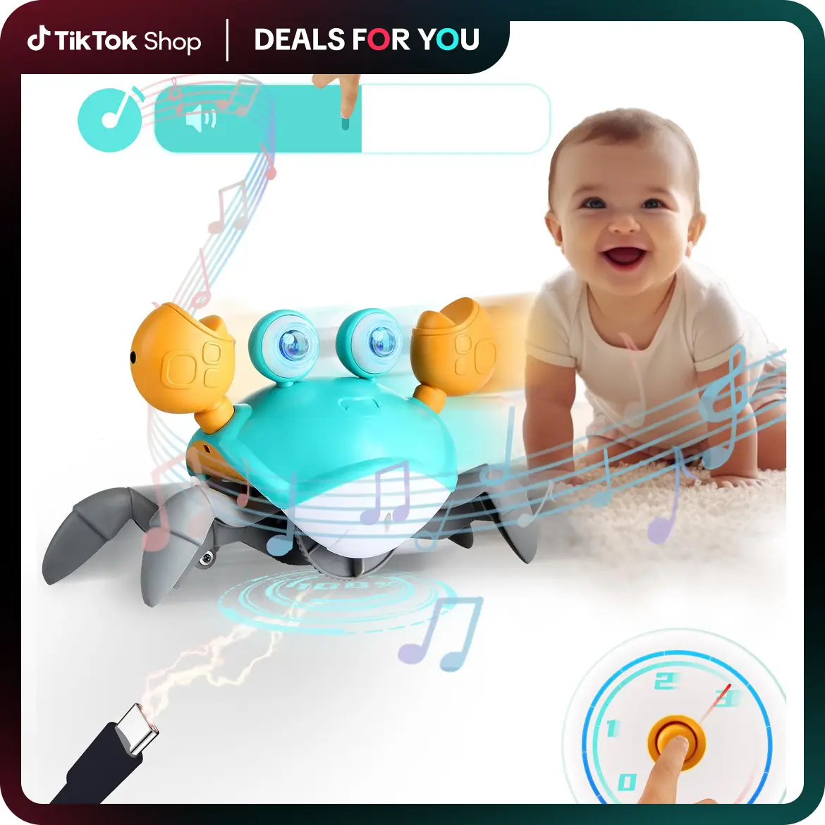 Crawling Crab Toy: 2024 Tummy Time Activity Essentials - Dancing Crawly Crabby with Volumn&Speed Control Mute - Music and Light - Valentines Day Gift