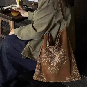 Ethnic Embroidered Suede Tote Bag for Women | Exotic Western Style Crochet Shopping Bag | Eco-Friendly Faux Suede Shoulder Bag