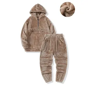 Men's Winter Set Fleece-Lined Thickened Embroidered Hooded Zipper Sweatshirt Set with Casual Loose Versatile Cuffed Pants Men's Style