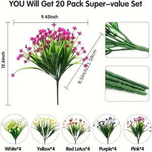 20 Bundles UV Resistant Artificial Flowers & Greenery – Plastic Faux Fern Plants for Outdoor/Indoor Decor, Garden, Kitchen, Window, Ornaments & Fruit Gift