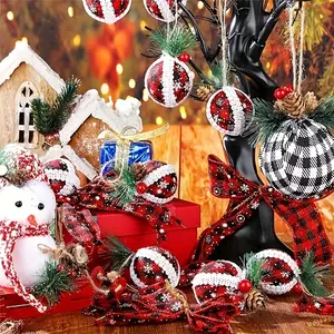 New 12pcs Christmas Buffalo Plaid Ball Ornament Rustic Plaid Burlap Fabric Ball Buffalo Plaid Bow Christmas Tree Hanging Ornament For Xmas Holiday Party Decor Supplies Linen Decoration