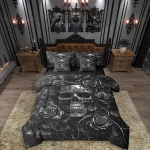 Sugar Skull 7 Pcs Comforter Set,Gray Rose Floral Bedding Set for Kids Boys Girls Teens Adults,Gothic Skeleton Bed in a Bag
