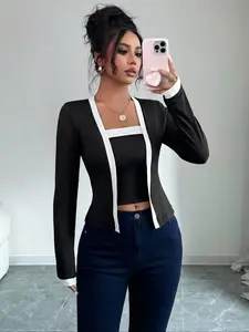 Women's Elegant Long Sleeve Slim Fit Knit Top, & Colorblock Square Neck Short Sweater for Daily Wear, Office Commute, Dating