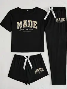 Women's Floral Letter Print Sleepwear Set, Loose Fit Casual Pajamas for All Seasons, Comfortable Three-Piece Nightwear