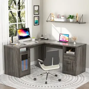 Topwin Gray Corner Desk with Band Row Insertion - Modern L-Shaped Desk for Home Office & Study L-Shaped Gaming Furniture Shelf Organizer
