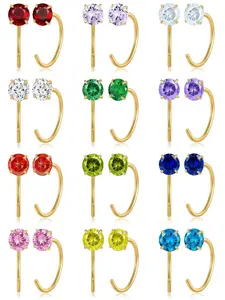 12 Pairs Huggie Half Hoop Earrings for Women Stainless Steel Huggie Hoops Earrings Multicolored Birthstone CZ Cartilage Helix Hoop Earring Jewelry Set Gold Silver Plated