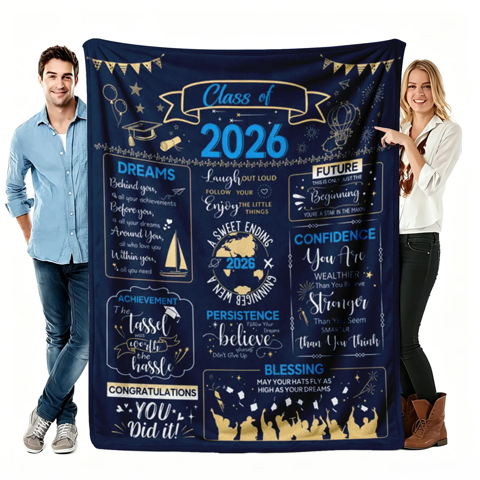 Class of 2026 Navy Blue Gold Graduation Flannel Throw Blanket - Soft Cozy Warm Graphic Blanket, Personalized School-Themed Throws, "The Tassel Was Worth The Hassle" Grad Gift for Him/Her, Dorm Decor, Graphic Blanket Throws