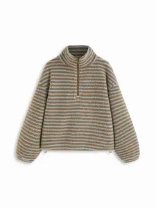Cider Fleece Stripe Stand Collar Drawstring Half Zip Oversized Sweatshirt