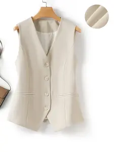 Women's Short V-Neck Single-Breasted Plain Vest, Spring & Fall Business Casual Layered Wear, Fashion Slim Fit Outerwear Jacket