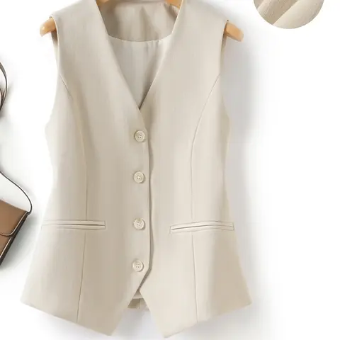 Women's Short V-Neck Sleeveless Single-Breasted Plain Suit Vest Tops, Spring & Fall Business Casual Office Commuter Style Layered Wear, Office Clothes, Short Suits Top, Fashion Slim Fit Outerwear Jacket