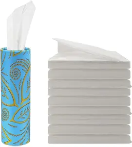 Refillable  Tissue Holder Dispenser with facial tissues, Universal Round Auto Tissue Box Organizer with 9-Pack Travel papers, Fit for  Cup Holder Tissues Cylinder - Blue