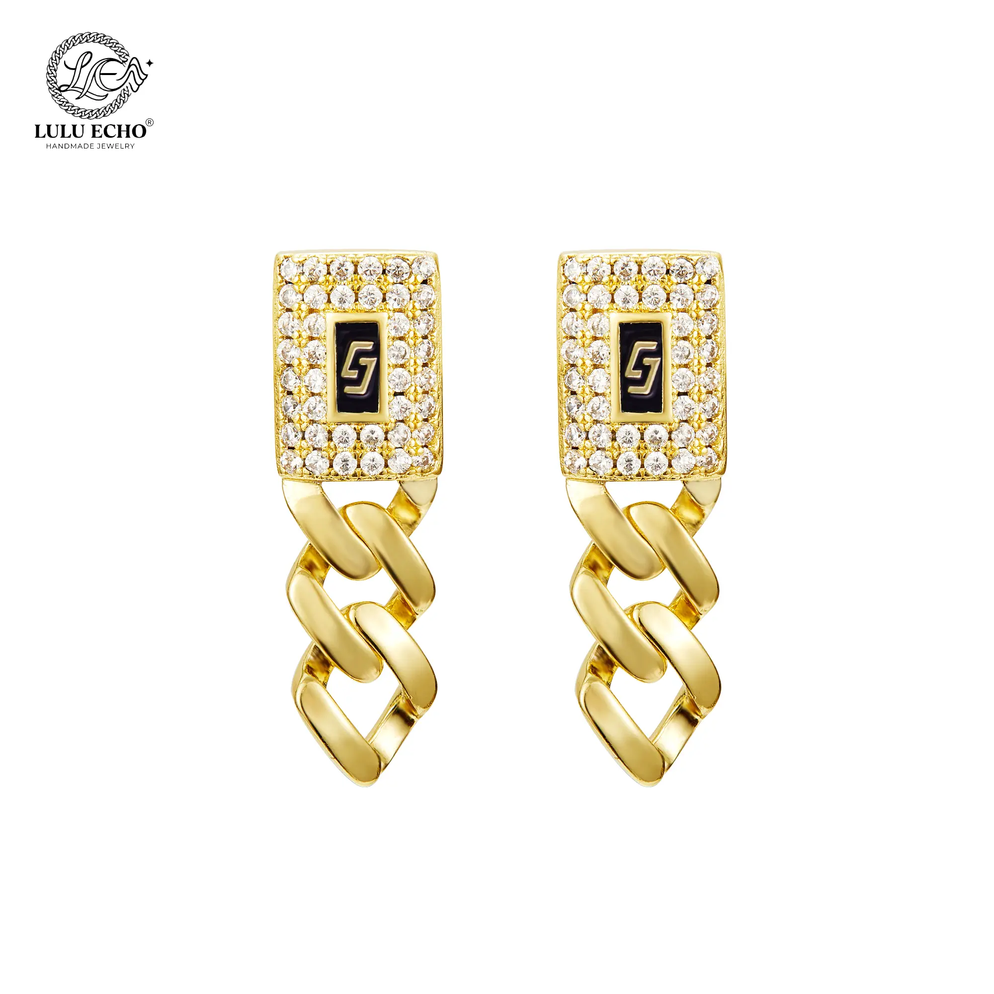 LuLuEcho LuLuEcho Waterproof Iced Out Cuban Link Earrings | 14K Gold Plated CZ Drop Design | Non-Tarnish Streetwear Jewelry
