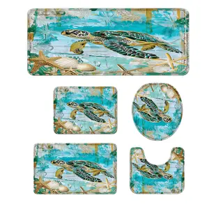 3/5Pcs Sea Turtle Bathroom Rug Set, Vintage Nautical Map Starfish Shell Non-Slip Absorbent Bath Mat, Toilet Lid Cover & U-Shaped Mat, Coastal Ocean Beach Home Decor for Sea Lovers