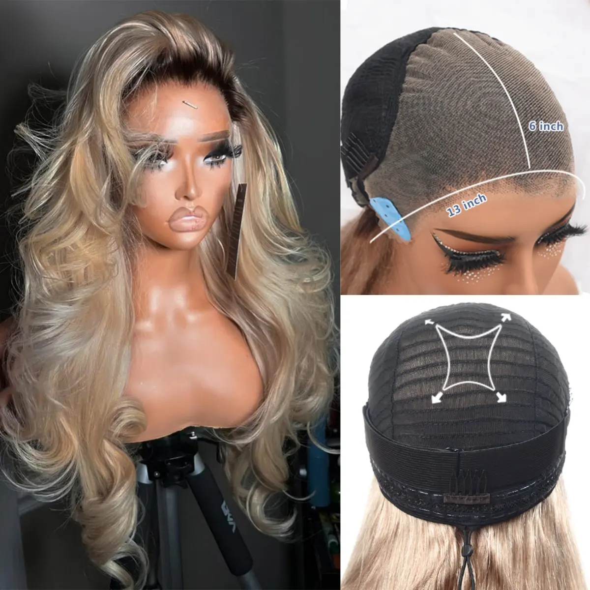 180% Density Milk Tea Ombre Ash Blonde Drawstring Glueless Wigs Lace Front Wig Human Hair Upgrades 13x6 Body Wave Lace Front Wig for Women Hd Invisible Frontal Pre Plucked Brown Root Ombre Pre Cut Human Hair Wig