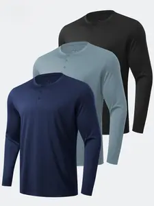 3-Pack Henley Neck Fleece Work Shirts - Long Sleeve Triple-Button Placket Outdoor Workwear