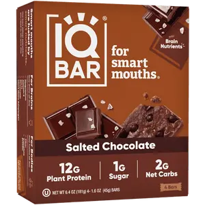 IQBAR Salted Chocolate Protein Bars - Vegan Energy Bars - High Fiber Snacks - 4 Count Box - Dessert