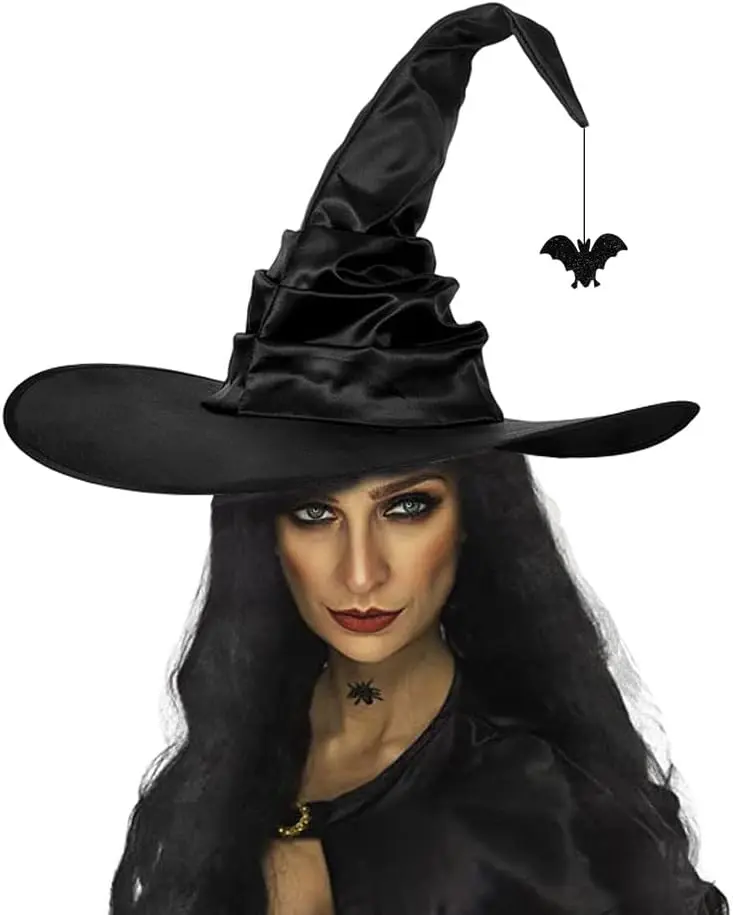 Halloween Womens Witch Hat Black Ruched Crooked Wicked Witch Cap Devil Spider Wizard Hat for Costume Cosplay Party